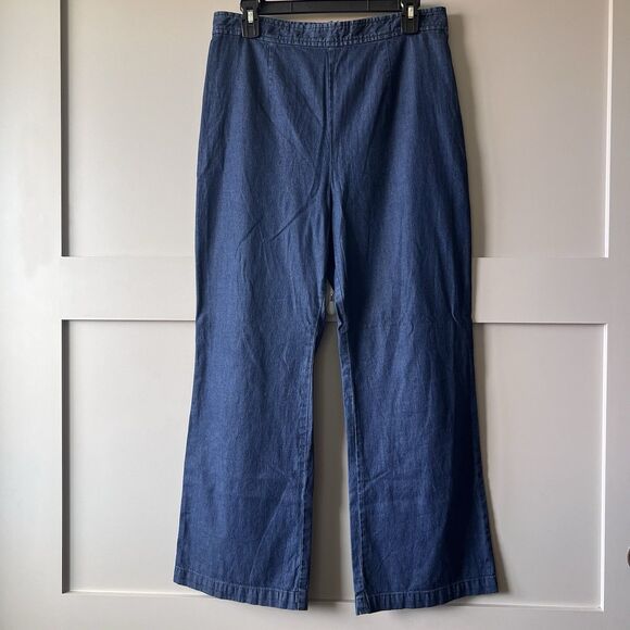 Free People Wide Leg High Rise Chambray Jeans Women Sz 12 Crop Zip Lightweight - Picture 1 of 15